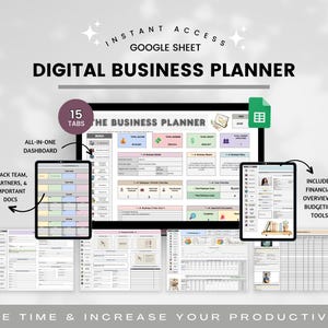 Op de afbeelding: Een digitale bedrijfsplanner voor Google Sheets met een alles-in-één dashboard, 15 tabbladen en financiële budgetteringstools. De lay-out bevat secties voor het bijhouden van teamleden, partners en belangrijke documenten in een overzicht.