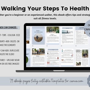 May include: A laptop screen displays an ebook titled "Walking Your Steps To Health." The ebook offers tips and strategies for all fitness levels. The template is fully editable in Canva, with 79 pages. The design includes text and images.