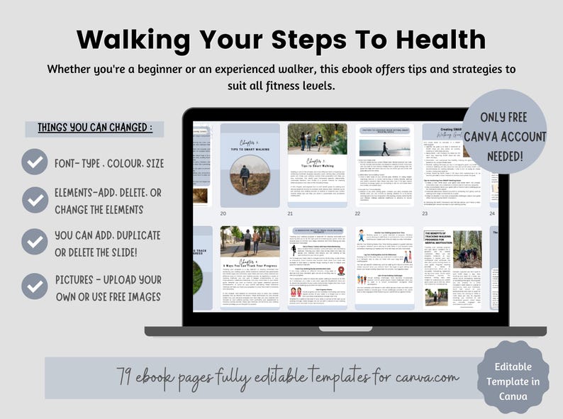 May include: A laptop screen displays an ebook titled "Walking Your Steps To Health." The ebook offers tips and strategies for all fitness levels. The template is fully editable in Canva, with 79 pages. The design includes text and images.