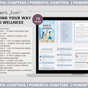 May include: A digital guide titled "Guide to Walking for Health" displayed on a laptop screen. The guide includes chapters on walking benefits, choosing shoes, tracking progress, and enjoying walking. The cover features illustrations of people walking.