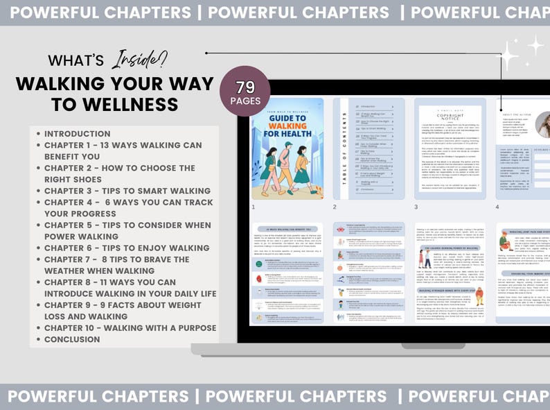 May include: A digital guide titled "Guide to Walking for Health" displayed on a laptop screen. The guide includes chapters on walking benefits, choosing shoes, tracking progress, and enjoying walking. The cover features illustrations of people walking.