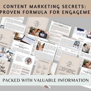 K&ouml;nnte beinhalten: Ein beige-wei&szlig;er digitaler Leitfaden mit dem Titel "Content Marketing Secrets: A Proven Formula for Engagement". Der Leitfaden ist in Kapitel unterteilt, mit Titeln wie "Content Marketing Why is it Necessary?" und "Content Marketing is Crucial for Selling - Here's Why!"