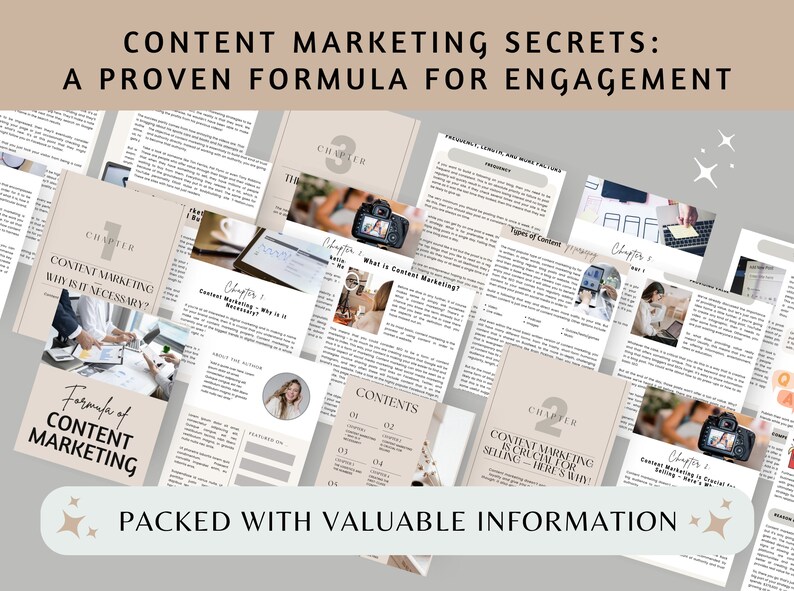K&ouml;nnte beinhalten: Ein beige-wei&szlig;er digitaler Leitfaden mit dem Titel "Content Marketing Secrets: A Proven Formula for Engagement". Der Leitfaden ist in Kapitel unterteilt, mit Titeln wie "Content Marketing Why is it Necessary?" und "Content Marketing is Crucial for Selling - Here's Why!"