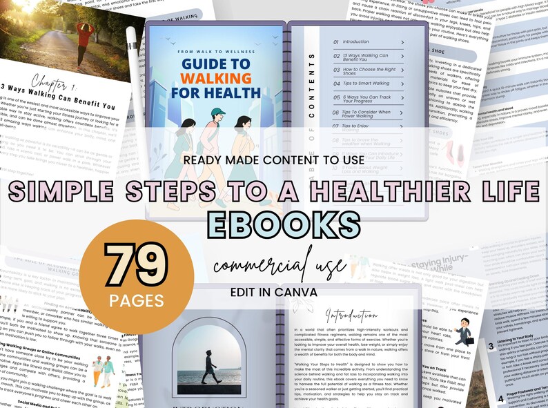 May include: An ebook titled "Guide to Walking for Health" with the text "Simple Steps to a Healthier Life" and "Ready Made Content to Use." The cover features illustrations of people walking. The ebook has 79 pages and is for commercial use.