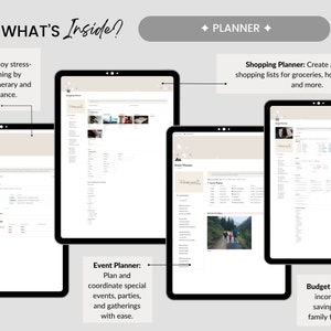 May include: A digital planner interface displayed on four tablets. The screens showcase travel, shopping, event, and budget planning tools. Text includes "WHAT'S Inside?" and "PLANNER". The interface is in shades of beige and white.