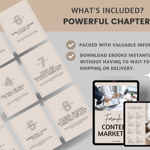 K&ouml;nnte beinhalten: Ein digitales Marketing-Ebook-Cover mit beigefarbenem Hintergrund und schwarzem Text. Das Cover zeigt eine Liste von Kapiteln mit Titeln wie "Die Logistik und die Zahlen", "Erstellen von erstklassigen Inhalten", "Tools und Ressourcen f&uuml;r Ihr Content-Marketing" und "Schlussfolgerungen Gr&uuml;nde, warum es perfekt f&uuml;r Ihre Marketingstrategie ist". Das Cover enth&auml;lt auch den Text "Was ist enthalten? Leistungsstarke Kapitel" und "Gepackt mit wertvollen Informationen. Laden Sie E-Books sofort herunter, ohne auf Versand oder Lieferung warten zu m&uuml;ssen."