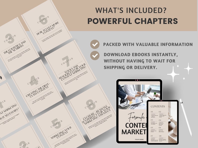 K&ouml;nnte beinhalten: Ein digitales Marketing-Ebook-Cover mit beigefarbenem Hintergrund und schwarzem Text. Das Cover zeigt eine Liste von Kapiteln mit Titeln wie "Die Logistik und die Zahlen", "Erstellen von erstklassigen Inhalten", "Tools und Ressourcen f&uuml;r Ihr Content-Marketing" und "Schlussfolgerungen Gr&uuml;nde, warum es perfekt f&uuml;r Ihre Marketingstrategie ist". Das Cover enth&auml;lt auch den Text "Was ist enthalten? Leistungsstarke Kapitel" und "Gepackt mit wertvollen Informationen. Laden Sie E-Books sofort herunter, ohne auf Versand oder Lieferung warten zu m&uuml;ssen."