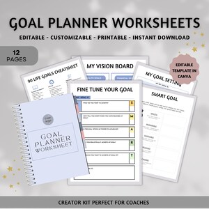 Könnte beinhalten: Ein Satz druckbarer Zielplaner-Arbeitsblätter in einem blau-rosa Farbschema. Die Arbeitsblätter beinhalten eine Checkliste mit 90 Lebenszielen, ein Vision Board, einen Abschnitt zum Feintunen deines Ziels, einen Abschnitt zum Setzen von Zielen und einen Abschnitt für SMART-Ziele. Die Arbeitsblätter sind in Canva bearbeitbar und anpassbar.