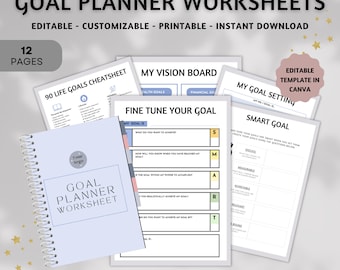 May include: A set of printable goal planner worksheets in a blue and pink color scheme. The worksheets include a 90 life goals cheat sheet, a vision board, a fine tune your goal section, a goal setting section, and a smart goal section. The worksheets are editable and customizable in Canva.