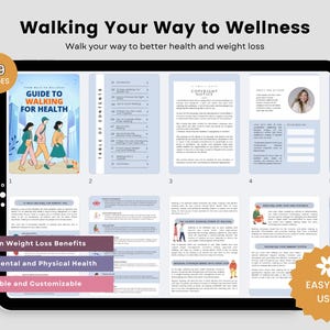 May include: Digital guide on a tablet titled "Walking Your Way to Wellness." The guide, with 79 pages, promotes better health and weight loss. Features include proven weight loss benefits, mental and physical health boosts, and is flexible and customizable.