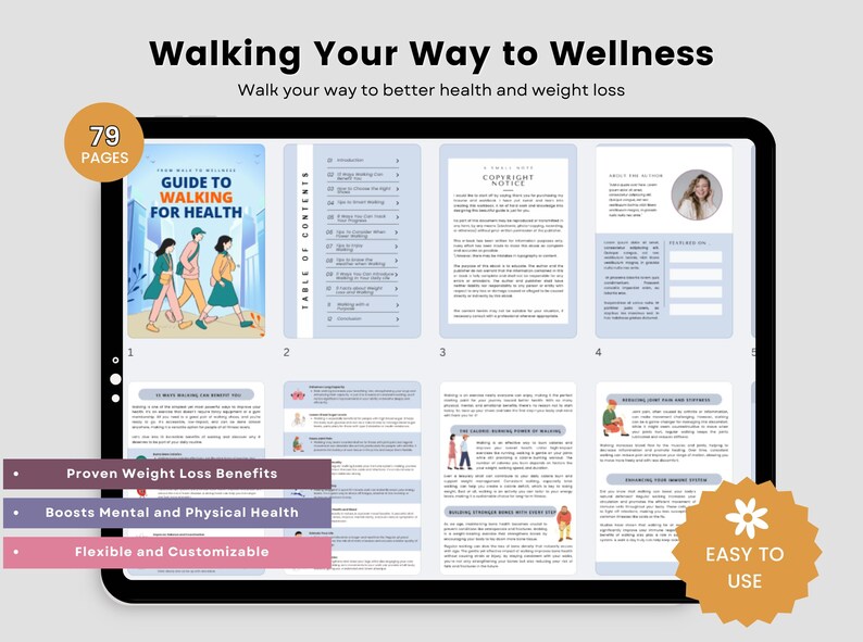 May include: Digital guide on a tablet titled "Walking Your Way to Wellness." The guide, with 79 pages, promotes better health and weight loss. Features include proven weight loss benefits, mental and physical health boosts, and is flexible and customizable.
