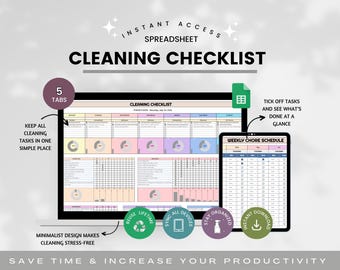 Cleaning Checklist Weekly, Monthly, Yearly Chore Chart Google Sheets, Digital Decluttering Cleaning Planner, House Chore List, ADHD Cleaning
