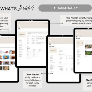 May include: Four black tablets displaying digital interfaces for household organization. The screens show a recipe bank, meal planner, chore tracker, and plant tracker. Text includes "WHAT'S Inside?" and "HOUSEHOLD".