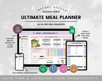 Meal Planner Spreadsheet, Weekly & Monthly Meal Planning, Calorie Tracker, Grocery List Template, Pantry Inventory Tracker, Dieticians