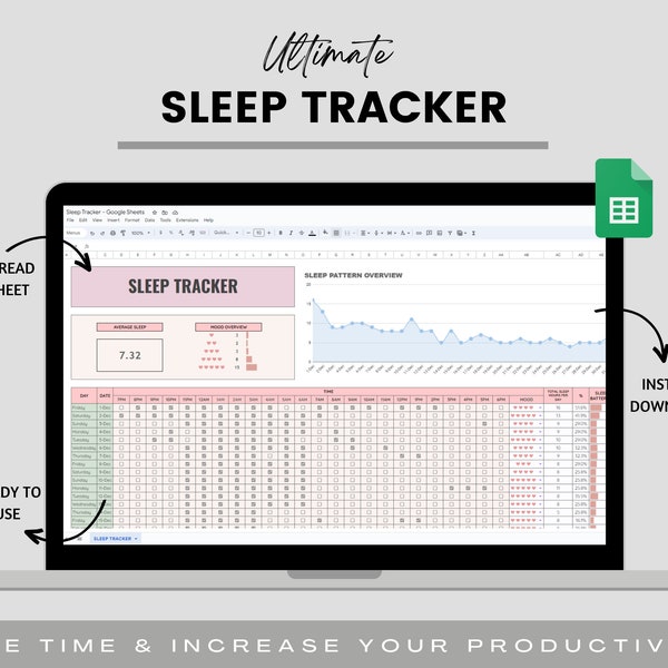 Sleep Tracker Spreadsheet, Sleep Hours Planner, Daily Sleep Tracker,Mood Tracking,Sleep Pattern Overview,Sleep Batteries Graph,Sleep Planner