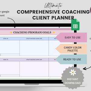 Peut inclure: Un planificateur num&eacute;rique pour les clients de coaching avec 12 onglets. Le planificateur a un sch&eacute;ma de couleurs rose, bleu et vert. Le texte sur le planificateur dit "Ultimate Comprehensive Coaching Client Planner".