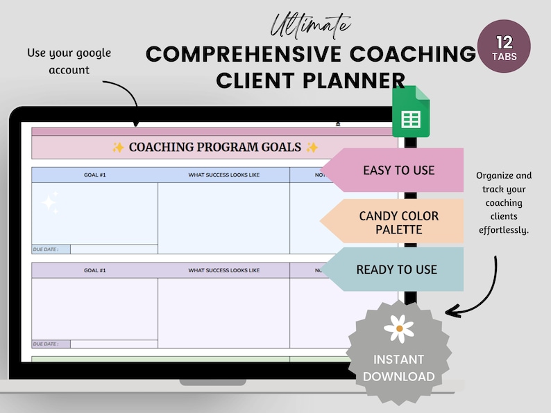 Peut inclure: Un planificateur num&eacute;rique pour les clients de coaching avec 12 onglets. Le planificateur a un sch&eacute;ma de couleurs rose, bleu et vert. Le texte sur le planificateur dit "Ultimate Comprehensive Coaching Client Planner".