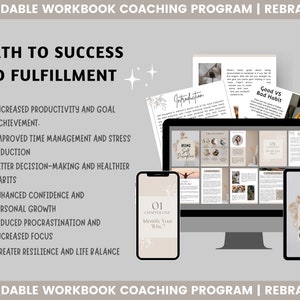 Puede incluir: Un programa de coaching digital con un esquema de color beige y marr&oacute;n. El programa se titula "Un camino hacia el &eacute;xito y la realizaci&oacute;n" e incluye una lista de beneficios como el aumento de la productividad, la mejora de la gesti&oacute;n del tiempo y el aumento de la confianza en s&iacute; mismo. El programa se presenta en una pantalla de ordenador, una tableta y un smartphone.