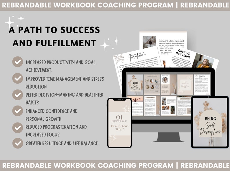 Puede incluir: Un programa de coaching digital con un esquema de color beige y marr&oacute;n. El programa se titula "Un camino hacia el &eacute;xito y la realizaci&oacute;n" e incluye una lista de beneficios como el aumento de la productividad, la mejora de la gesti&oacute;n del tiempo y el aumento de la confianza en s&iacute; mismo. El programa se presenta en una pantalla de ordenador, una tableta y un smartphone.