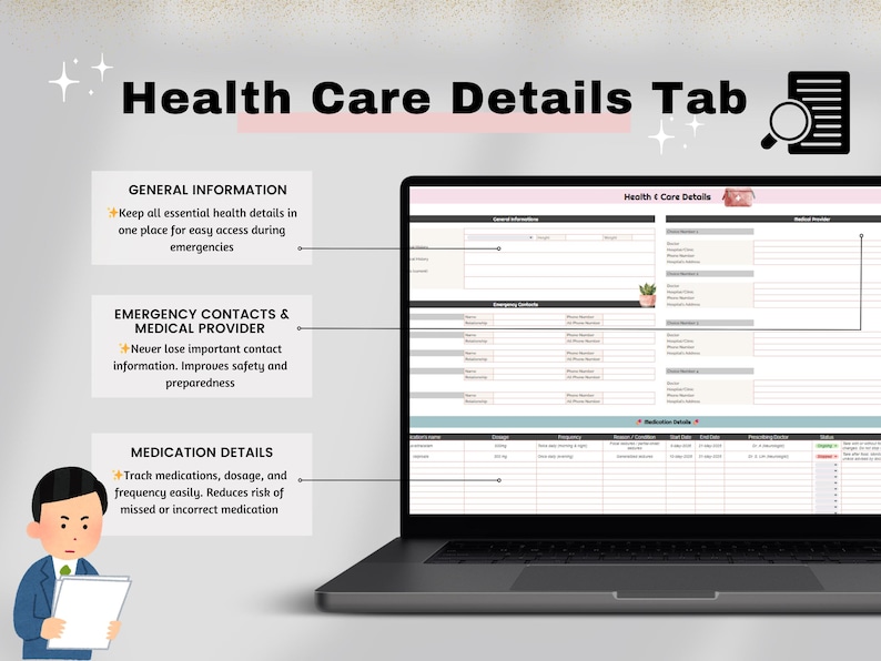 May include: A laptop displaying a "Health Care Details Tab" document. The screen shows sections for general information, emergency contacts, and medication details. The image includes text and a cartoon illustration.