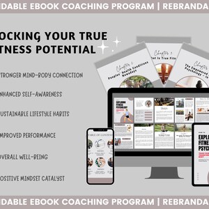 May include: A digital ebook coaching program titled "Unlocking Your True Fitness Potential" with a checklist of benefits including stronger mind-body connection, enhanced self-awareness, sustainable lifestyle habits, improved performance, overall well-being, and positive mindset catalyst. The ebook is displayed on a computer screen and a tablet.