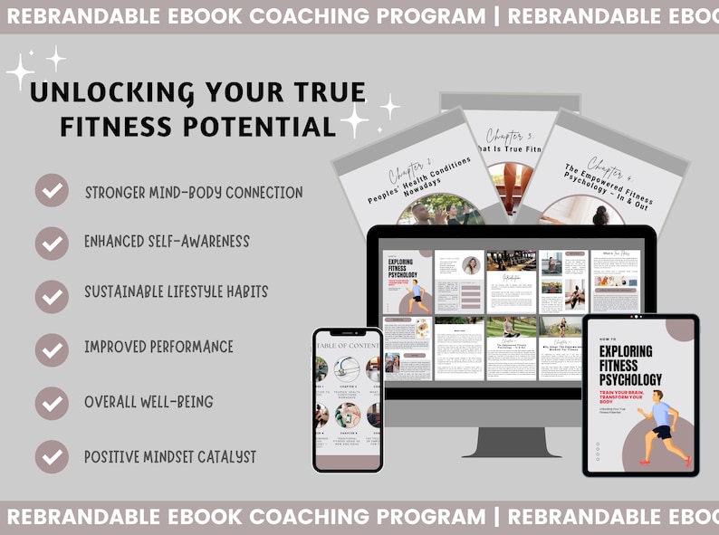 May include: A digital ebook coaching program titled "Unlocking Your True Fitness Potential" with a checklist of benefits including stronger mind-body connection, enhanced self-awareness, sustainable lifestyle habits, improved performance, overall well-being, and positive mindset catalyst. The ebook is displayed on a computer screen and a tablet.