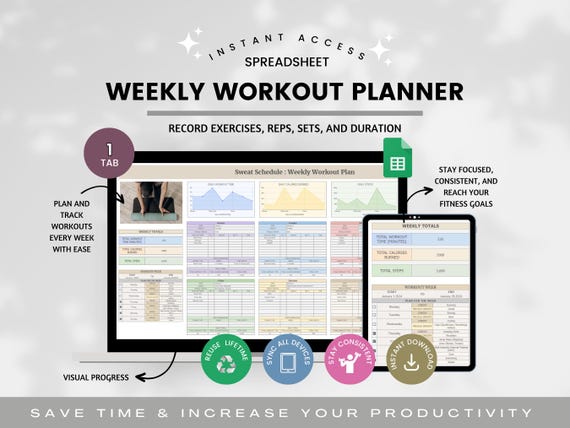 Weekly Workout Planner Spreadsheet, Weekly Fitness Planner, Digital Fitness Tracker, Weight Loss, Exercise Template for Coaches, Wellness