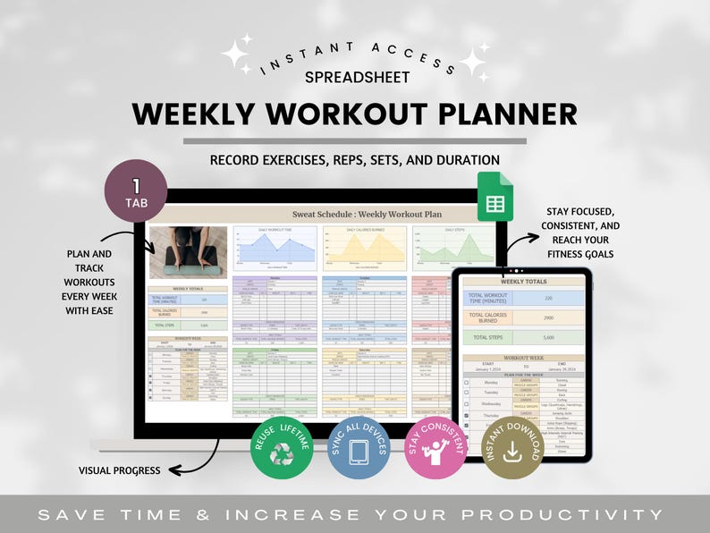 Weekly Workout Planner Spreadsheet, Weekly Fitness Planner, Digital Fitness Tracker, Weight Loss, Exercise Template for Coaches, Wellness image 1