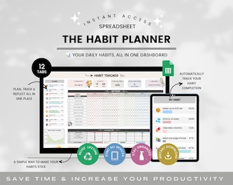 Habit Tracker Daily Weekly Monthly Spreadsheet, Productivity Tracker, Habit Progress, Goal Planner, Habit & Wellness Tracker,  ADHD Planner