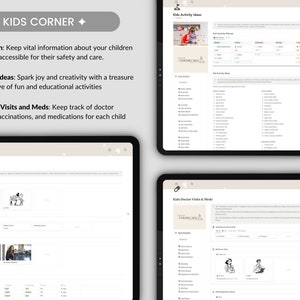 May include: Digital planner interface with the text "KIDS CORNER" at the top. The planner includes sections for kids' information, activity ideas, and doctor visits. The interface is displayed on multiple tablets.