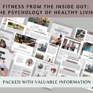 May include: A collage of pages from an e-book titled "Fitness From The Inside Out: The Psychology of Healthy Living". The pages feature text, images, and a table of contents. The e-book is packed with valuable information about fitness and wellness.