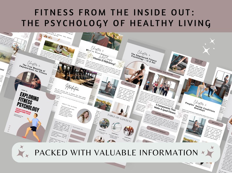 May include: A collage of pages from an e-book titled "Fitness From The Inside Out: The Psychology of Healthy Living". The pages feature text, images, and a table of contents. The e-book is packed with valuable information about fitness and wellness.