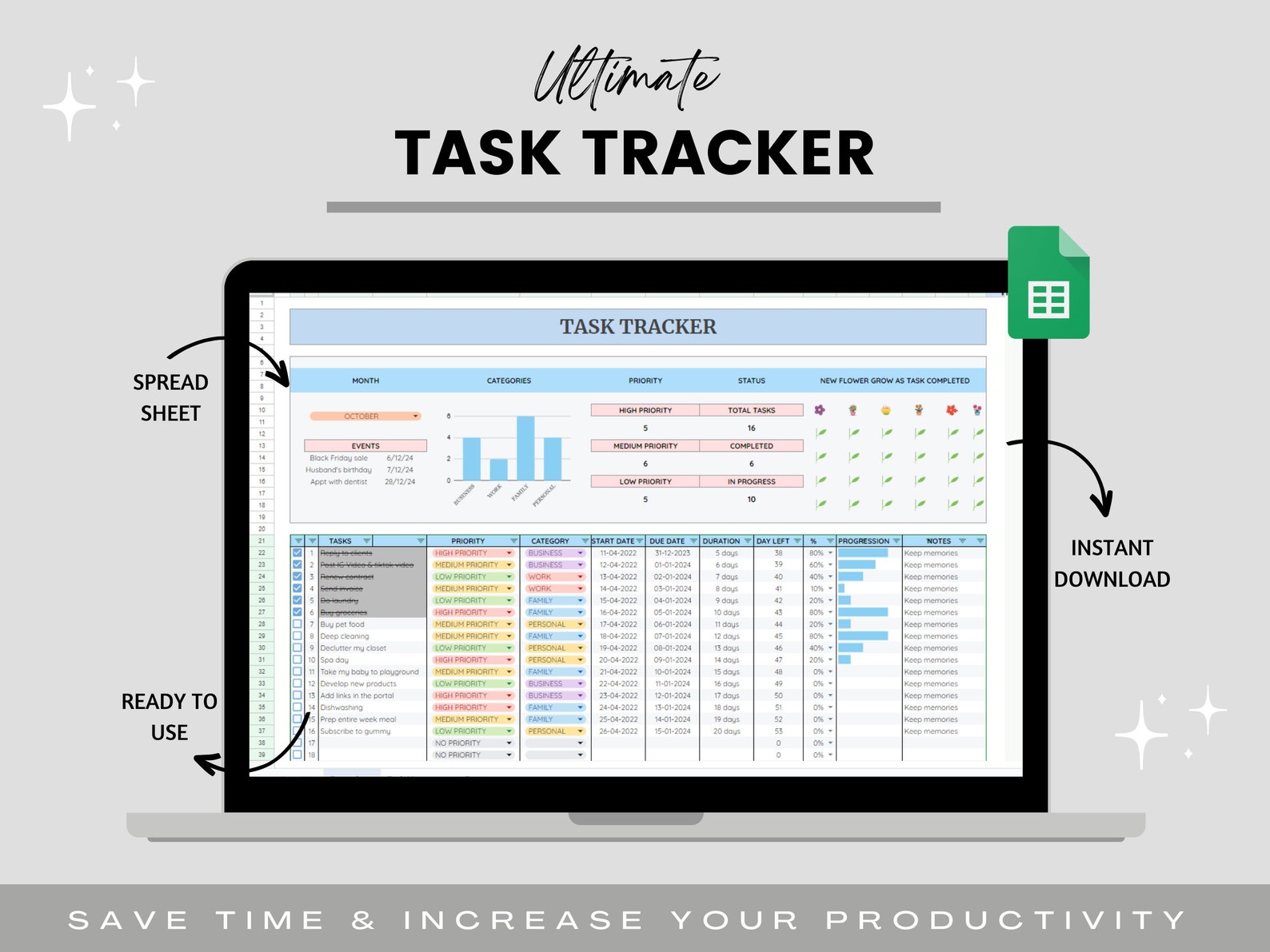 Clean Looking Tasktracker Task Tracker Spreadsheet, to Do List Spreadsheet, Productivity Planner ...