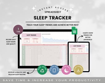 Schlaf-Tracker-Spreadsheet, Schlafstundenplaner, Täglicher Schlaf-Tracker,Stimmungstracking,Schlafmuster Überblick,Schlafbatterien-Diagramm,Schlafplaner