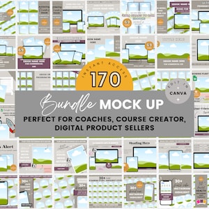 Könnte beinhalten: Eine Collage aus 170 Mockups für digitale Produkte, perfekt für Coaches, Kursentwickler und digitale Produktverkäufer. Die Mockups zeigen verschiedene Geräte, darunter Laptops, Telefone und Tablets, mit einem grünen und blauen Landschaftshintergrund. Der Text "Sofortiger Zugriff 170 Bundle Mock Up" wird in einem gelben Kreis angezeigt.