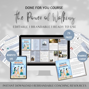 May include: Digital coaching resources for health and wellness. The image shows a computer monitor, tablet, and printed pages displaying content about walking for health. The text includes "Guide to Walking for Health", "79 Pages", and "Ready to Use".