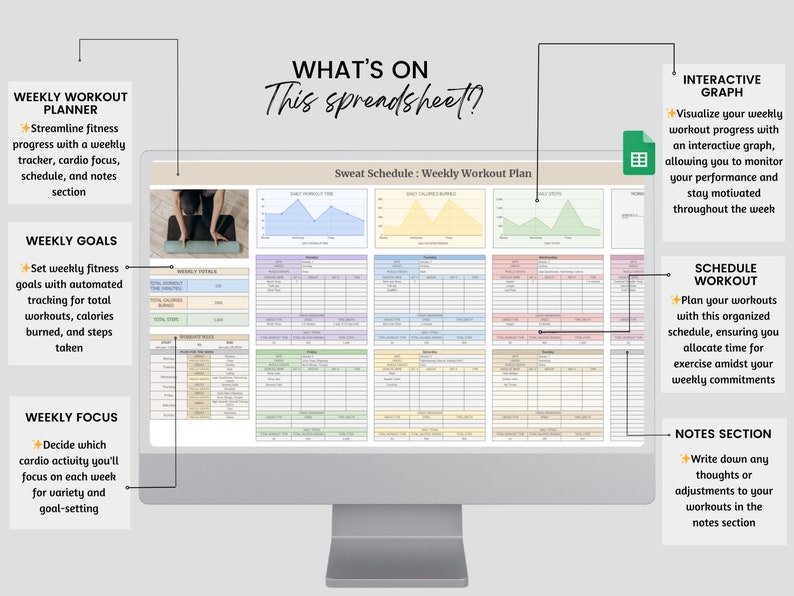 Weekly Workout Planner Spreadsheet, Weekly Fitness Planner, Digital Fitness Tracker, Weight Loss, Exercise Template for Coaches, Wellness image 3