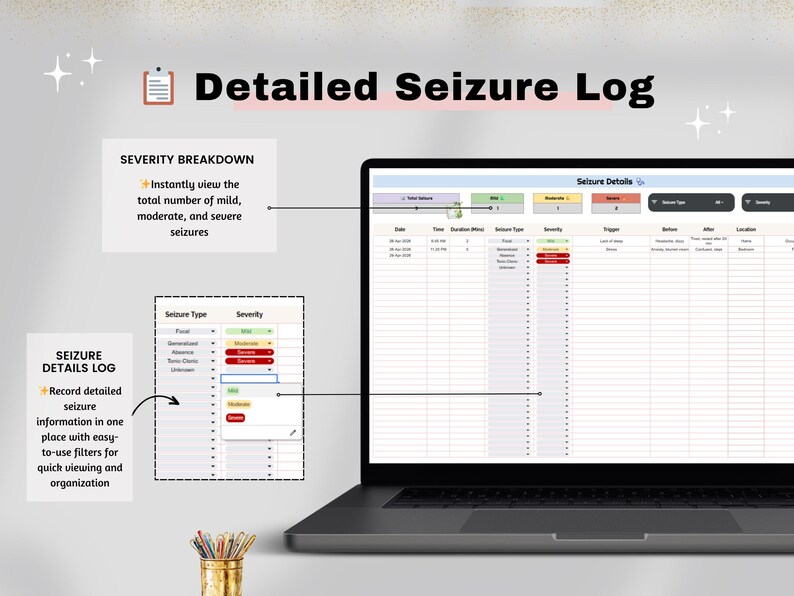 May include: A laptop displaying a detailed seizure log with a spreadsheet interface. The screen shows seizure details, severity breakdown, and seizure type. Text on the screen includes "Detailed Seizure Log" and "Seizure Details Log."