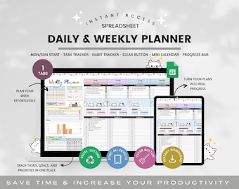 Daily & Weekly Planner Spreadsheet, Daily Schedule Google Sheets Template, Clear Button, Daily Checklist, To Do List, Weekly Routine Habit