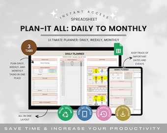 Daily Weekly Schedule Spreadsheet, Monthly Planner Spreadsheet, Daily Checklist, To Do List Spreadsheet, Life Organizer Planner Spreadsheet