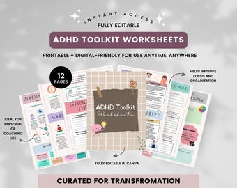 Folhas de exercícios do Kit de Ferramentas para TDAH, Planejador de rotina para TDAH, Folha de exercícios de regulação emocional, Material de autoajuda para TDAH para imprimir, Caderno de exercícios de terapia para saúde mental