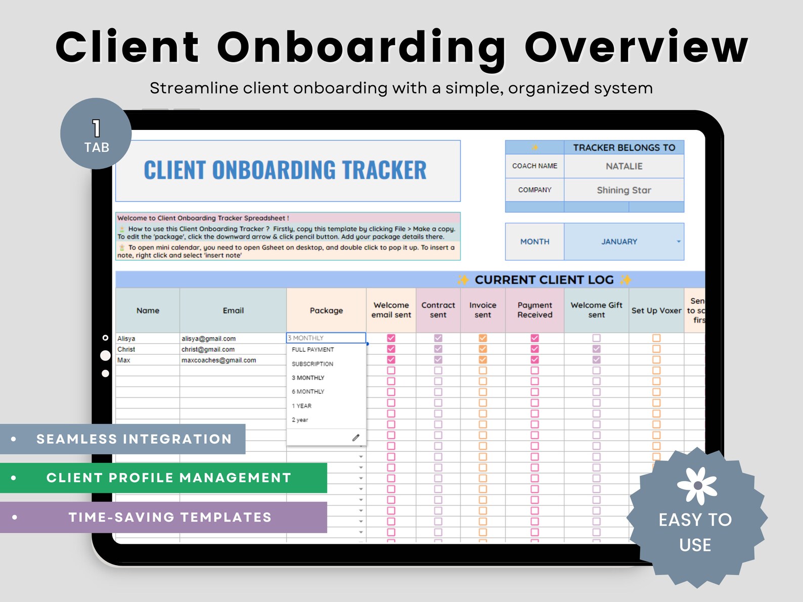 Client Onboarding Tracker Spreadsheet for Coaches, Client Tracker ...