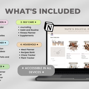 May include: A laptop displays a digital diary template titled "Mom's Digital Diary." The screen shows sections for organization, self-care, kids' corner, household, and planning. The text "What's Included" is at the top.