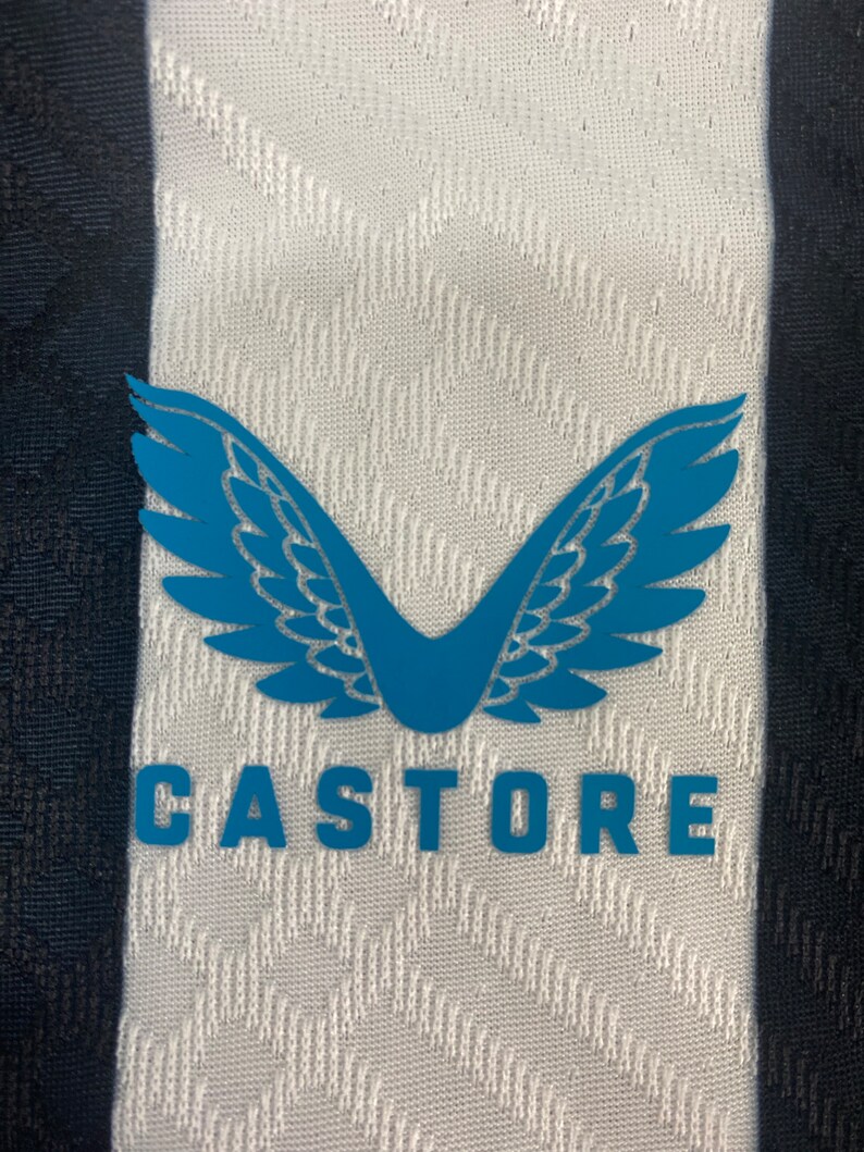 May include: A white and black striped athletic jersey with a blue winged logo and the word "CASTORE" printed on the front.