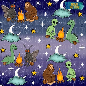May include: A repeating pattern featuring cartoon illustrations of a Bigfoot, an alien, a mothman, and a dinosaur, each sitting around a campfire. The background is a starry night sky with crescent moons, clouds, and stars.