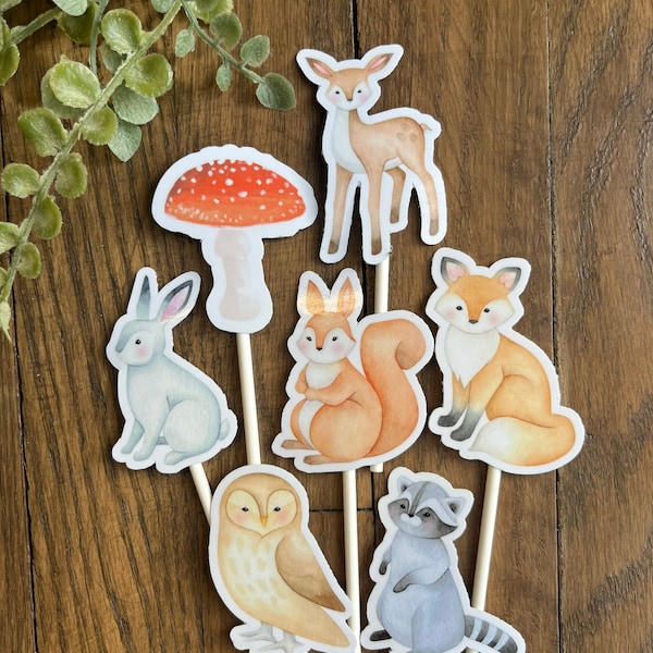 12 Woodland Cupcake Toppers, Shipped, Forest Animals, Baby Shower, Birthday, Whimsical, Fawn, Deer, Bunny, Fox, Owl, Party Picks, Banner