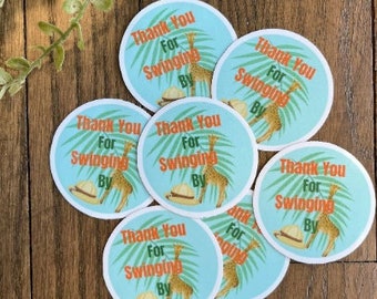 12 Favor Tags, SHIPPED, Thank You, Sticker, Party, Wild One, Safari Theme, Jungle, Animals, Thank You For Swinging By,Elephant,Zebra,Giraffe