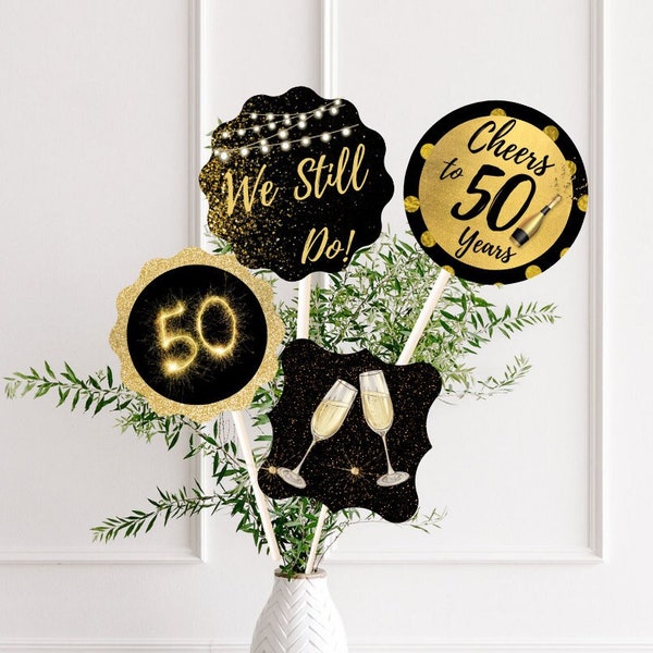 4 Anniversary Centerpiece Sticks, SHIPPED, 50th, Customize, Gold, Black, Sparkle, Fifty Years, Happy Anniversary, Love, Centerpiece, Party
