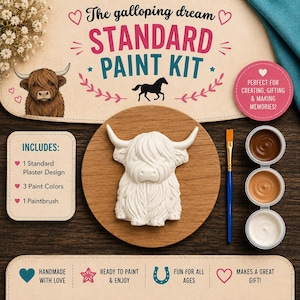 May include: A paint kit featuring a white plaster Highland cow figurine, a paintbrush, and three small containers of paint in brown, tan, and white. The packaging includes text reading The galloping dream STANDARD PAINT KIT.