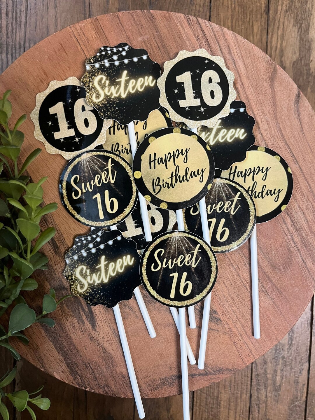 Sweet 16 Cupcake Toppers: Black and Gold Party Picks - Etsy